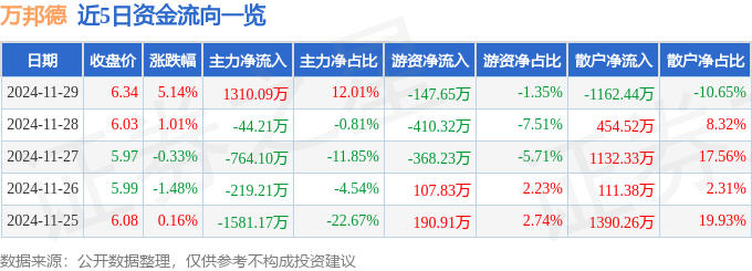 万邦德(002082)11月29日主力资金净买入131009万元
